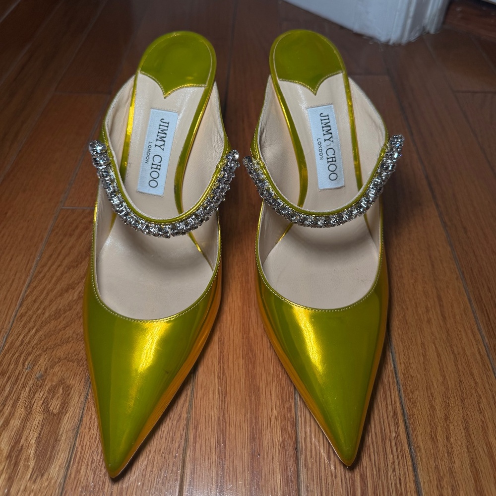 Jimmy Choo Metallic Lime Green Pointed Toe Mules with Crystal Strap